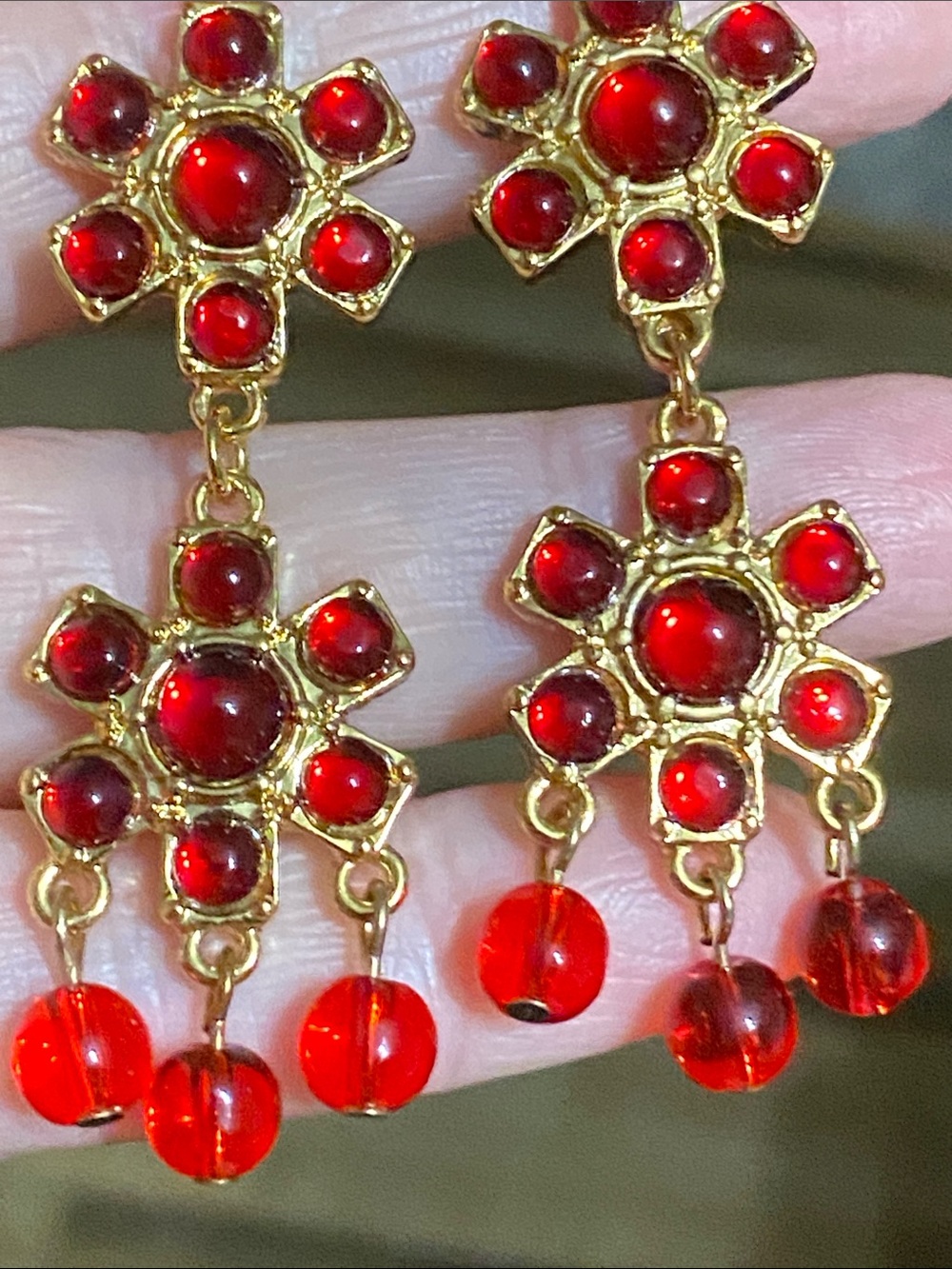 Monet Gold-Tone Red Floral Cabochon Dangle Earrings - Picture 3 of 5